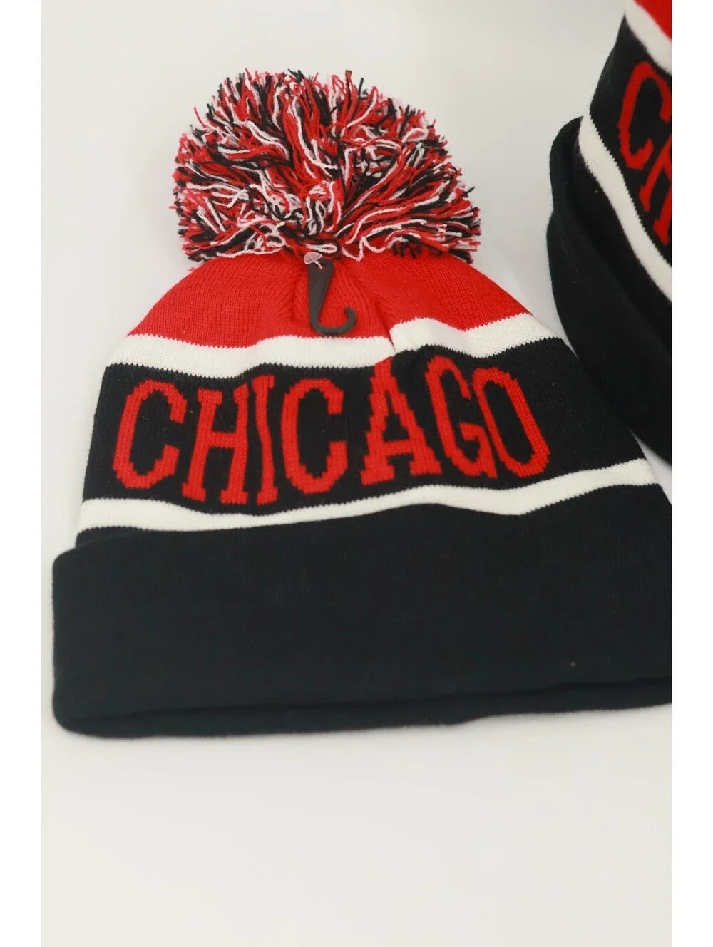 Chicago Knit Beanie Hat Pom Pom Striped Winter Cap Red Black White Cuffed New OS